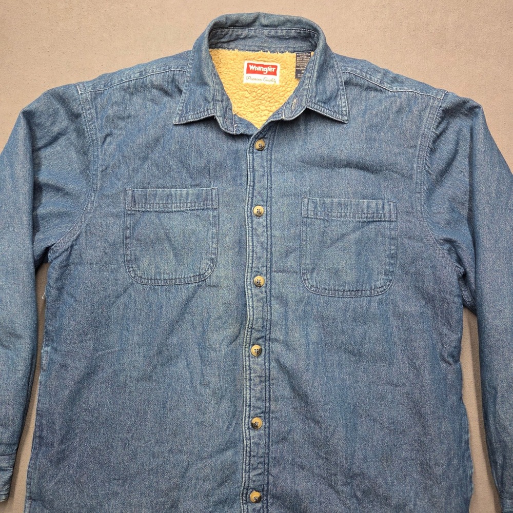 Wrangler Mens Sherpa Lined Denim Shirt Jacket Blue Cotton Work Shacket Size M